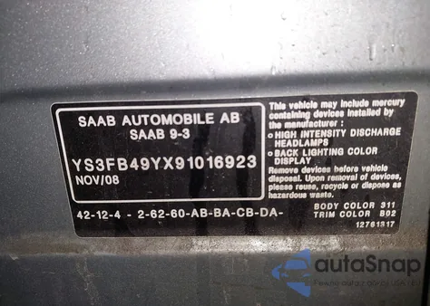 2009 Saab 9-3 2.0T from USA, damaged, VIN YS3FB49YX91016923
